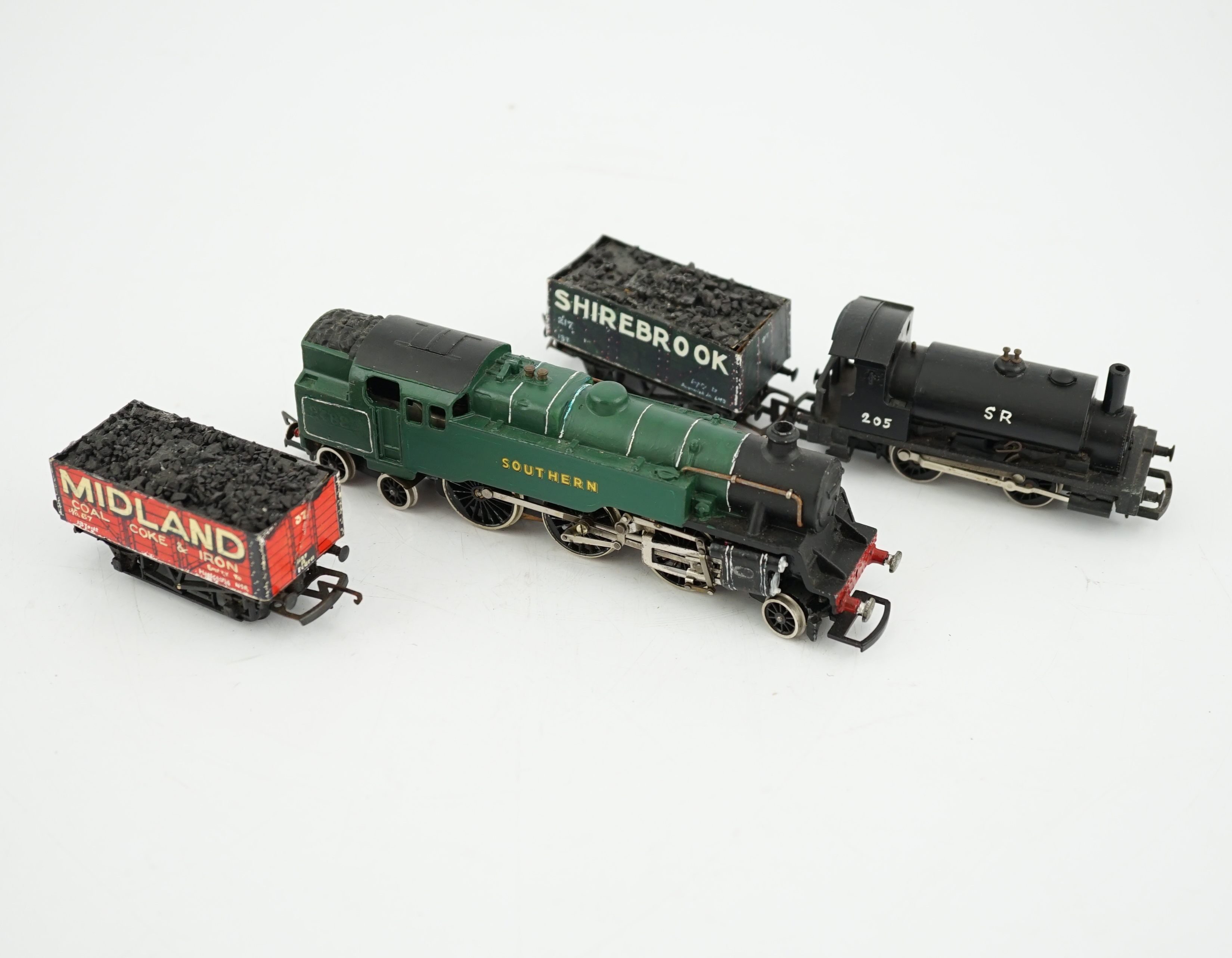 A quantity of 00 gauge railway by Hornby, Tri-ang, Dapol, Crescent, etc. including five locomotives; a Hornby Dublo Southern 2-6-4T, a GWR 0-4-0T, A Southern Terrier, and two 0-4-0ST, together with a number of freight, w